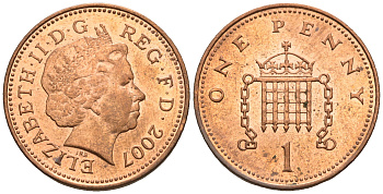 Великобритания 1 пенни 2007 Елизавета II (1952-2022) KM 986, Spink 4710 (B5) сталь плакированная медью 4609-636