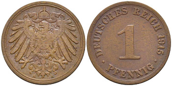 ГЕРМАНИЯ 1 ПФЕННИГ 1915 A KM 10, J. 10, Weege 2 медь 206-444