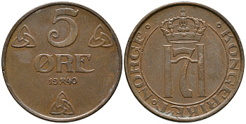 НОРВЕГИЯ 5 ЭРЕ 1940 ХОКОН VII (1905-1957) KM 368 бронза 67-133