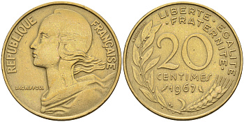 Франция 20 сантимов 1967 тип Marianne KM 930 медь алюминий никель    4595-1052