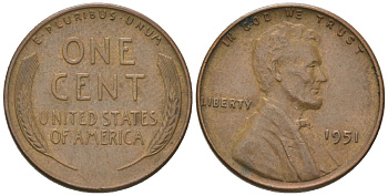 США 1 цент 1951 Линкольн KM 132 бронза 4567-746