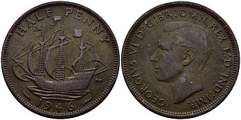 Великобритания 1/2 пенни 1946 Георг VI (1936-1952) KM 844, Spink 4115 бронза 56-1455