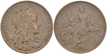 ФРАНЦИЯ 10 САНТИМОВ 1899 ТИП ДАНИЭЛЬ ДЮПЮИ KM 843, LE FRANC 136.8 бронза 180-444