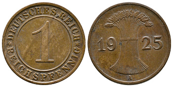 ГЕРМАНИЯ 1 РЕЙХСПФЕННИГ 1925 A KM 37, J. 313 бронза 4380-1116