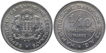 Гамбург 1/10 марки 1923 Funck 637.3, KM Tn3, Men05 10517.5, Men18 13133.6 алюминий UNC 4599-434