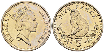 Гибралтар 5 пенсов 1989 АВ обезьяна KM 22 медно-никель UNC 87-541