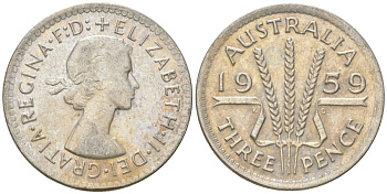 Австралия 3 пенса 1959 m, Елизавета II (1952-2022) KM 57 серебро 4621-1247