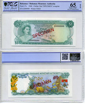 Багамские острова 1 доллар 1968 Specimen, в слабе PCGS 65 Choice UNC Pick 27s бумага UNC (пресс) 452-1-04
