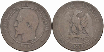 Франция 10 сантимов 1856 K, Наполеон III (1852-1870) KM 771.5, Le Franc 133.36 бронза    4680-543