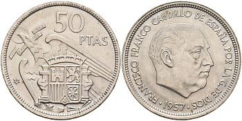 Испания 50 песет 1957 (60) Франциско Франко (1939-1975) KM 788 медно-никель aUNC 4590-931