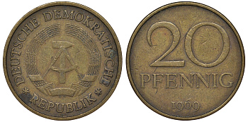 ГДР 20 пфеннигов 1969 А, первый год KM 11 латунь 62-1017