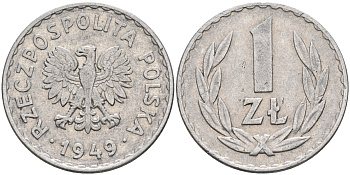 Польша 1 злотый 1949 год тип KM 45а алюминий  4595-222