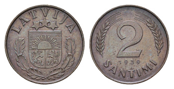 Латвия 2 сантима 1939 KM 11.2 бронза 4679-258