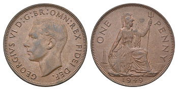 Великобритания 1 пенни 1949 Георг VI (1936-1952), редкий год KM 869, Spink 4117 бронза 5010-2043