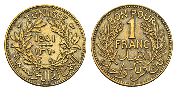 Тунис 1 франк 1941 KM 247 алюминиевая бронза 87-223