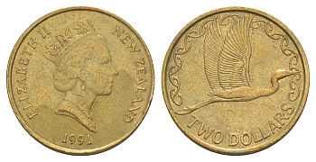 Новая Зеландия 2 доллара 1991 Елизавета II (1952-2022), большая белая цапля KM 79 алюминиевая бронза 4652-712