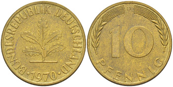 ФРГ 10 ПФЕННИГОВ 1970 D KM 108, J. 383 сталь плакированная латунью 219-436