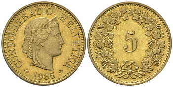 Швейцария 5 раппенов 1985 KM 26c алюминиевая бронза UNC 4115-1252