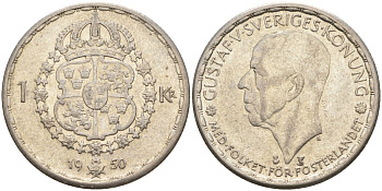 Швеция 1 крона 1950 TS, Густав VI Адольф (1950-1973) KM 814 серебро 4148-1126