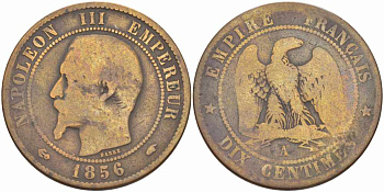 Франция 10 сантимов 1856 A, Наполеон III (1852-1870) KM 771.1, Le Franc 133.32 бронза    4680-614