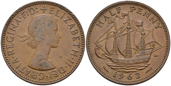 Великобритания 1/2 пенни 1962 Елизавета II (1952-2022) KM 896, Spink 4158 бронза 4153-843