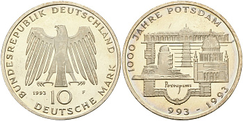 ФРГ 10 марок 1993 F, 1000 лет городу Потсдаму KM 180 серебро UNC 00-00
