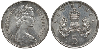 Великобритания 5 пенсов 1979 Елизавета II (1952-2022) KM 911, Spink 4233 (D1) медно-никель 4123-825
