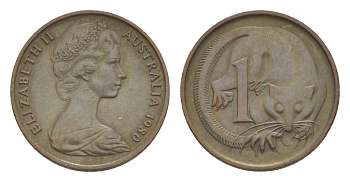 Австралия 1 цент 1980 Елизавета II (1952-2022), опоссум KM 62 бронза 4632-135