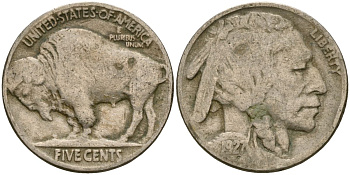 США 5 центов 1927 индеец, бизон KM 134 медно-никель 4135-435