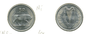 ИРЛАНДИЯ 5 ПЕНСОВ 1971 KM 22 медно-никель 7-5-28-33