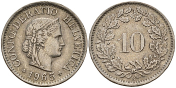 Швейцария 10 раппенов 1965 B KM 27 медно-никель 4189-411