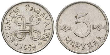 Финляндия 5 марок 1959 KM 37a железо плакированная никелем 218-1134