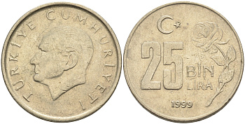 Турция 25000 лир 1999 Кемаль Ататюрк KM 1041 медь цинк никель 4595-537