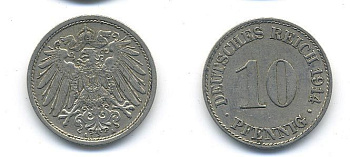 ГЕРМАНИЯ 10 ПФЕННИГОВ 1914 A KM 12, J. 13 медно-никель 58-415