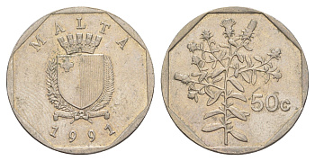 Мальта 50 центов 1991 девясил KM 98 медно-никель 4646-1225