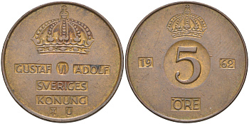 Швеция 5 эре 1962 U, Густав VI Адольф (1950-1973) KM 822 бронза 98-423