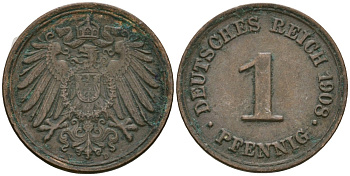 Германия 1 пфенниг 1908 D, Вильгельм II (1888-1918) KM 10, J. 10 медь 4608-151