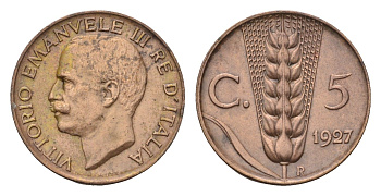 Италия 5 чентезимо 1927 R, Виктор Эммануил III (1900-1946) KM 59 медь 71-827