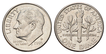 США 1 дайм (10 центов) 2005 D, Рузвельт KM 195a медь плакированный медно-никелем 4682-359