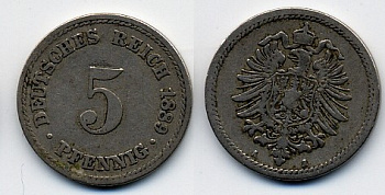 ГЕРМАНИЯ 5 ПФЕННИГОВ 1889 A, СТАРОГЕРБОВКА KM 3, J.3 медно-никель 51-5043