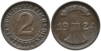 ГЕРМАНИЯ 2 РЕНТЕНПФЕННИГА 1924 A KM 31, J. 307 бронза 24-526