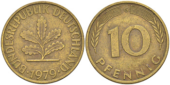 ФРГ 10 пфеннигов 1979 G KM 108, J. 383 сталь плакированная латунью 62-611