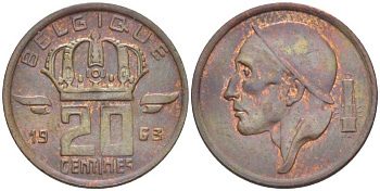 БЕЛЬГИЯ 20 САНТИМОВ 1963 BELGIQUE, БОДУЭН I (1951-1993) KM 146 бронза 3334-1229