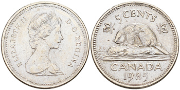 КАНАДА 5 ЦЕНТОВ 1985 БОБЁР KM 60.2a никель 190-454