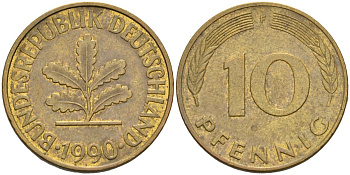 ФРГ 10 пфеннигов 1990 F KM 108 сталь плакированная латунью 4126-541