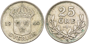 Швеция 25 эре 1940 G, Густав V (1907-1950) KM 785 серебро 220-124