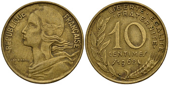Франция 10 сантимов 1968 KM 929 алюминиевая бронза 4189-924