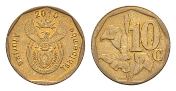 ЮАР 10 центов 2010 герб, цветок алоэ KM 494 сталь плакированная бронзой 4621-1261