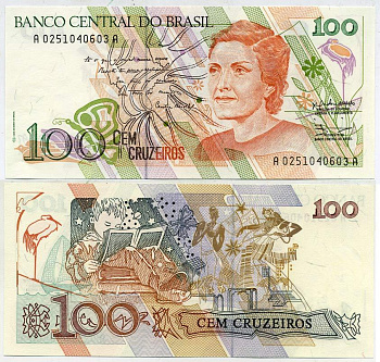 БРАЗИЛИЯ 100 КРУЗЕЙРО 1990 Pick 228 бумага UNC (ПРЕСС) 7204-26-1