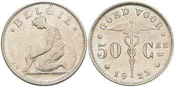 БЕЛЬГИЯ 50 САНТИМОВ 1923 BELGIE, АЛЬБЕРТ I (1909-1934) KM 88 никель 206-129